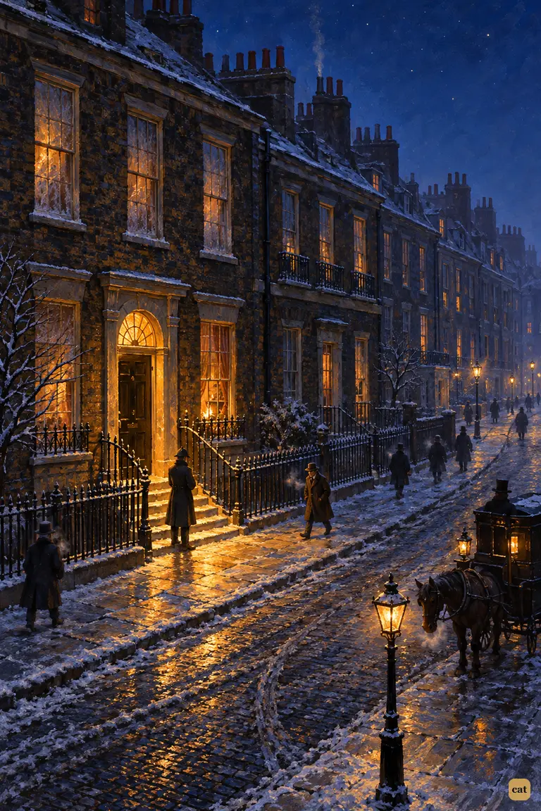 A hard-frosted Baker Street under a starry sky, seen from above.