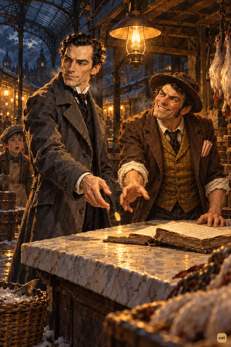 Under the hanging lamp of the Covent Garden stall, Holmes flings a gold sovereign onto the marble and turns away in feigned disgust, while the gloating poultry dealer reaches for the coin and the trap closes.