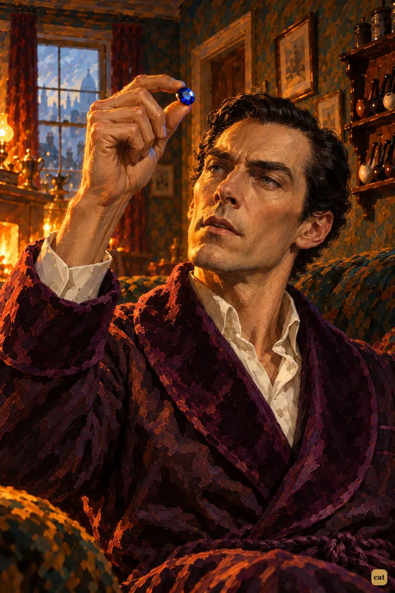 Holmes raises the blue carbuncle to the firelight, his lean face lit amber on one side and touched by a cold blue point from the stone.