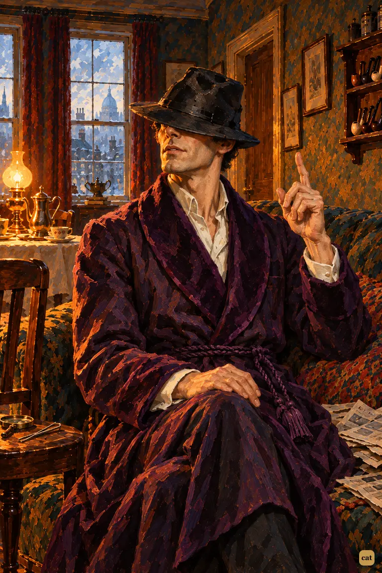 Holmes, perfectly grave, jams the battered hat down to the bridge of his nose and lectures on "cubic capacity" with a raised finger, while firelight warms the cluttered Baker Street sitting-room.