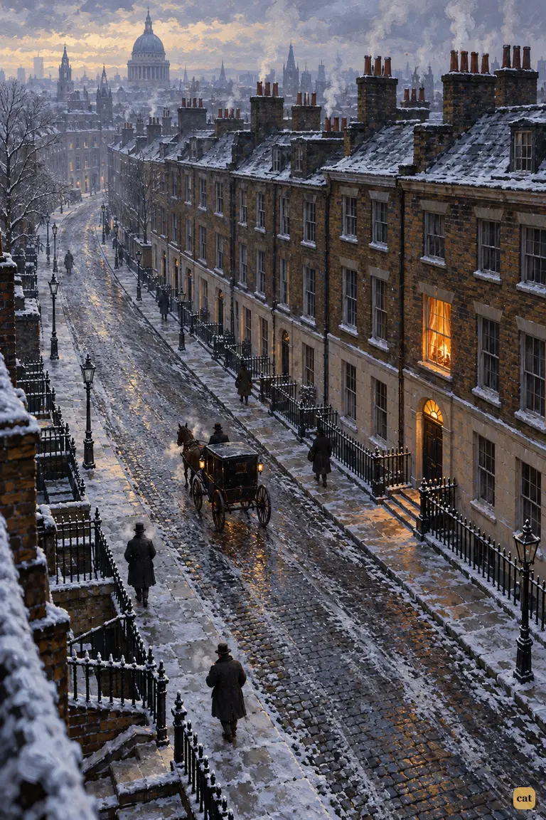 From high above, a hard-frost London dawn lies silent over Baker Street.