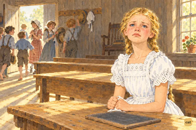 Becky sits very straight at the girls' bench, hiding her tear-reddened face after recess