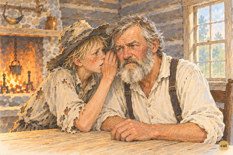 In the Welshman's kitchen, Huck whispers his deadliest secret into the old man's ear