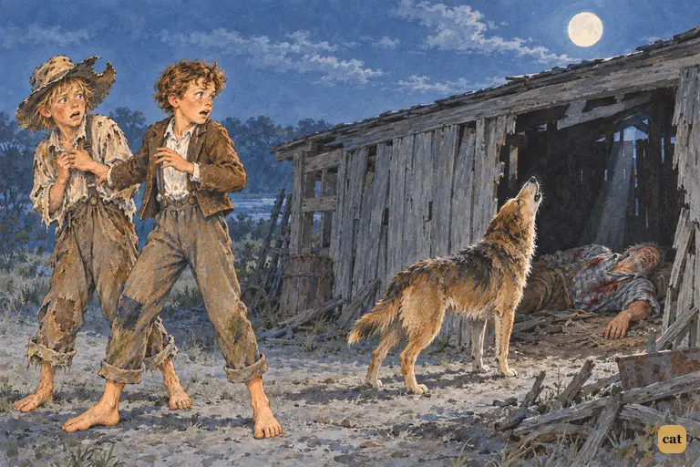 Outside the old tannery, Tom and Huck spin round and see the stray dog howling at the moon.