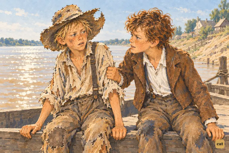On a flatboat gunwale, Tom grabs Huck's sleeve, realising yesterday's treasure was real