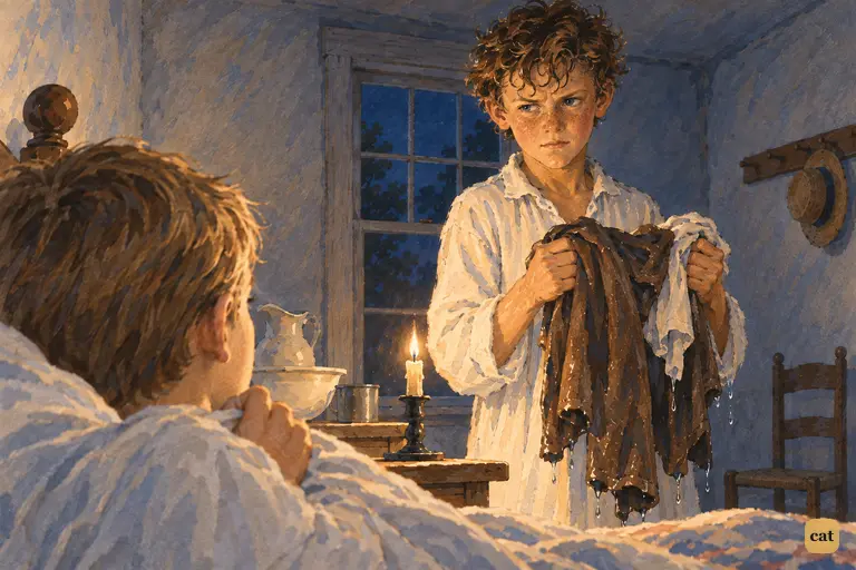 Tom stands by the tallow dip in his nightshirt, holding up his soaked clothes.