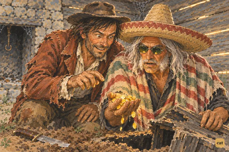 Deep in the haunted house, Injun Joe lifts a handful of gold coins from the rotten box