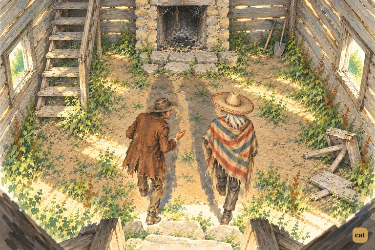 Tom and Huck peer through knotholes as two strangers enter the haunted house below