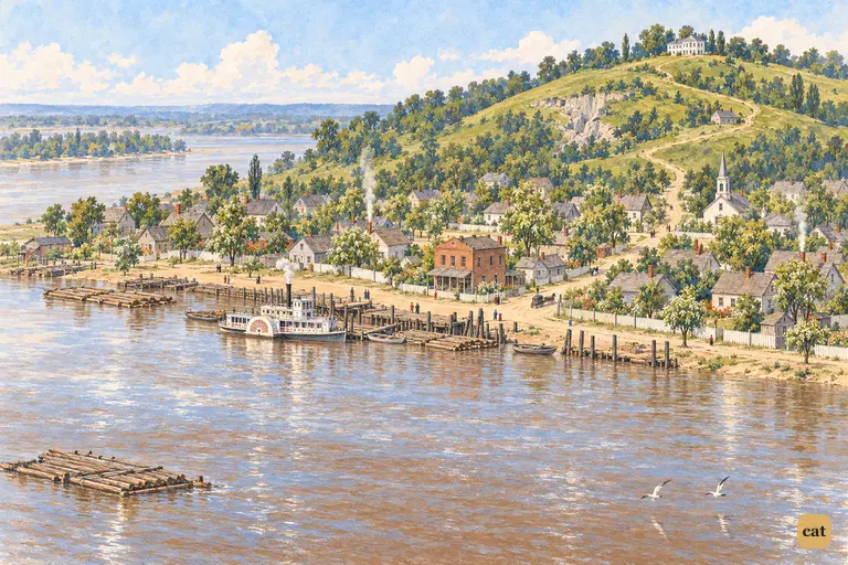 On a bright summer morning the sleepy river village lies quiet along its bank.