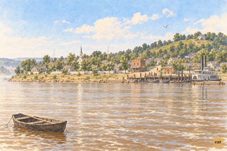 St. Petersburg sits low along the calm Mississippi, with Cardiff Hill green above it
