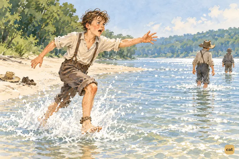 Alone on the sandbar, Tom dashes after Huck and Joe, shouting for them to wait