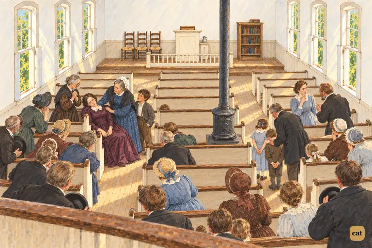 The congregation stops on its way out of the church.
