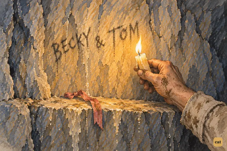 Deep in McDougal's cave, a searcher's candle lights up BECKY & TOM smoked on the rock