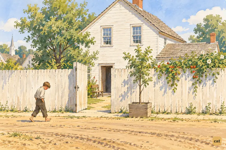At noon Tom trudges home down the dusty street toward Aunt Polly's whitewashed fence