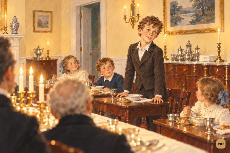 At the Widow Douglas's supper, Tom half-rises and stuns the room: Huck don't need it