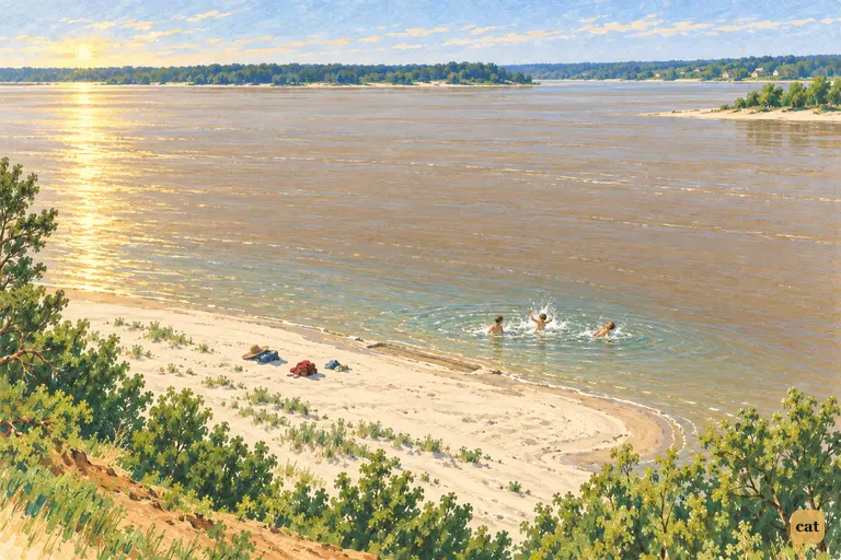 Three tiny pirates splash and tumble in the clear shallows of a white sandbar