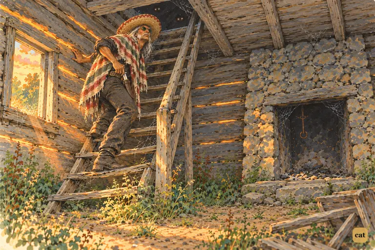 Disguised as the Spaniard, Injun Joe climbs the rotten stairs, hand on his bowie knife