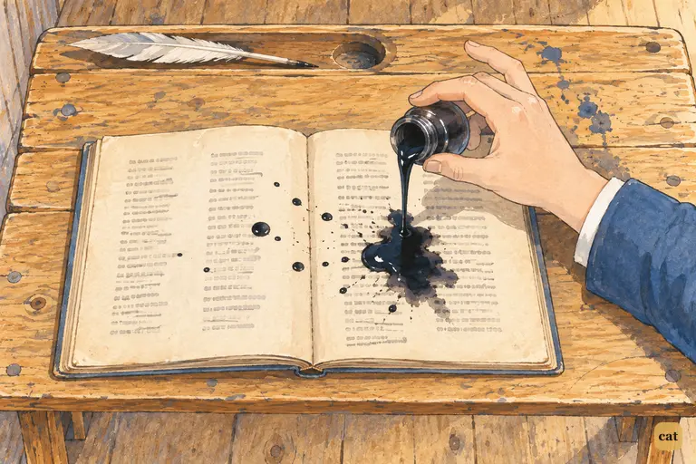 In the empty schoolroom at noon, a boy's neat hand tips an inkpot over Tom's open spelling-book.