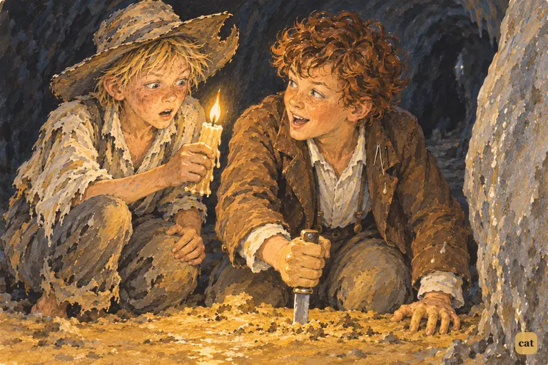 In McDougal's cave, Tom's Barlow knife digs four inches under the cross and hits wood