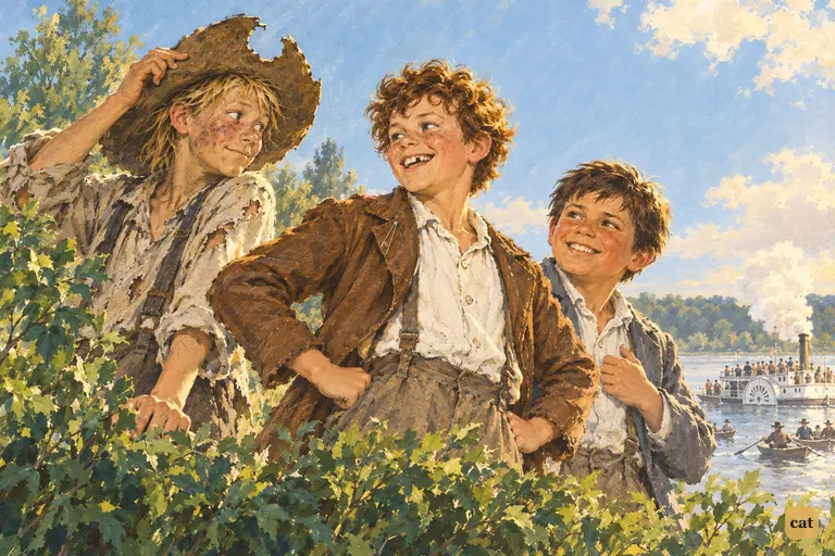 Tom, Huck and Joe grin as they realise the town is searching the river for their bodies