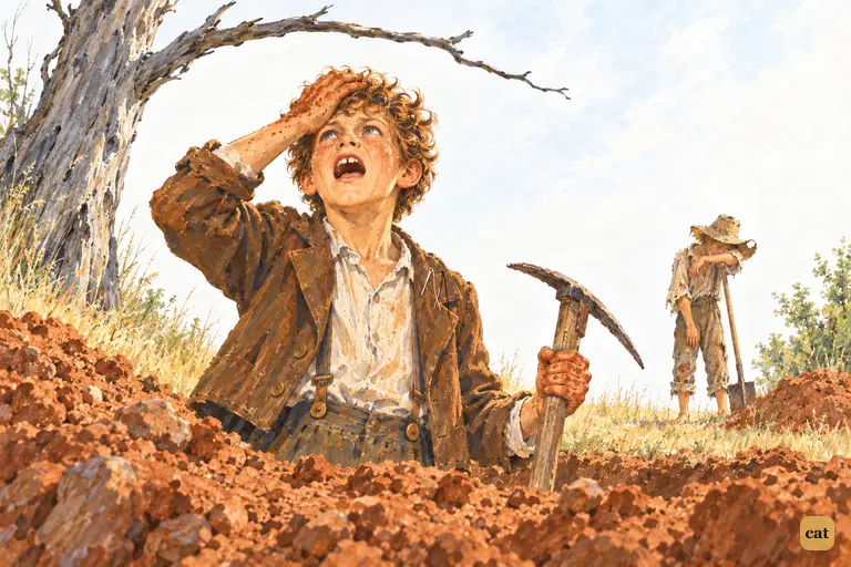 Waist-deep in the hole, Tom slaps his forehead and stares at the dead tree's bare limb
