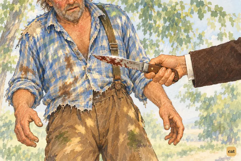 The Sheriff pushes the gory spring-knife a hand's breadth from Muff Potter's chest.