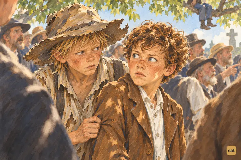 In the noon crowd at the graveyard, someone pinches Tom's arm.