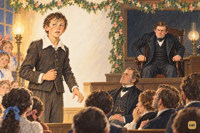 Tom Sawyer freezes mid-speech on the edge of the performers' platform