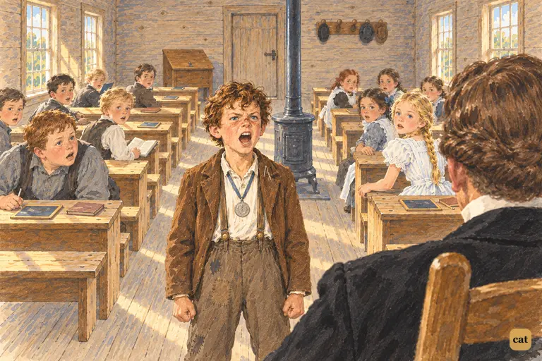 Tom shouts to the schoolmaster that he stopped to talk with Huckleberry Finn