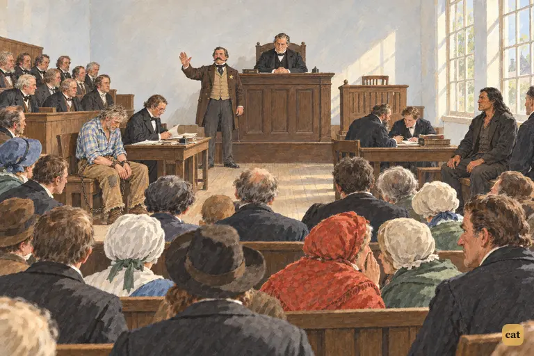 On the morning of the trial the whole village packs into the courthouse.
