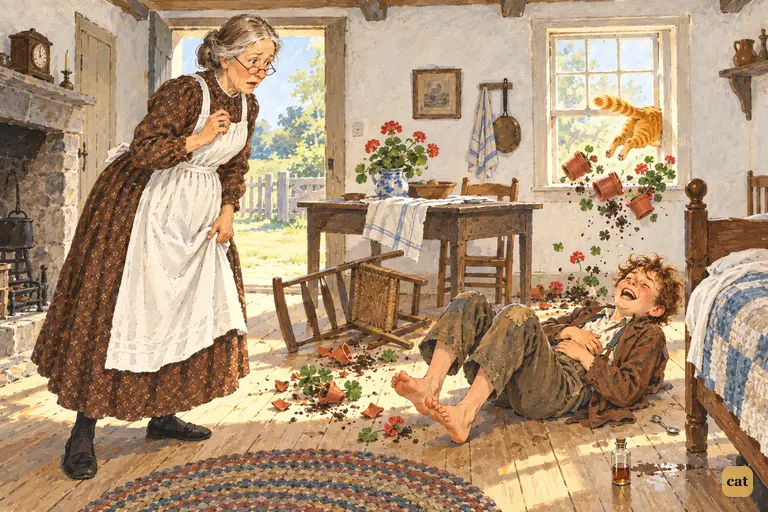 Aunt Polly freezes in the doorway as the frenzied cat sails out the window