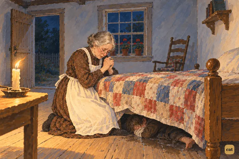Aunt Polly kneels alone by candlelight and prays for the boy she thinks has drowned.