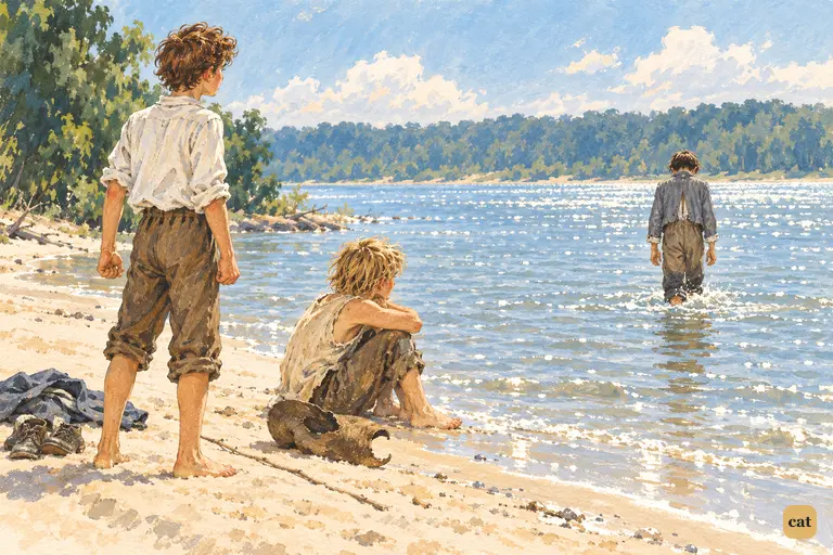 Joe Harper wades silently off through the glittering shallows toward the Illinois shore.