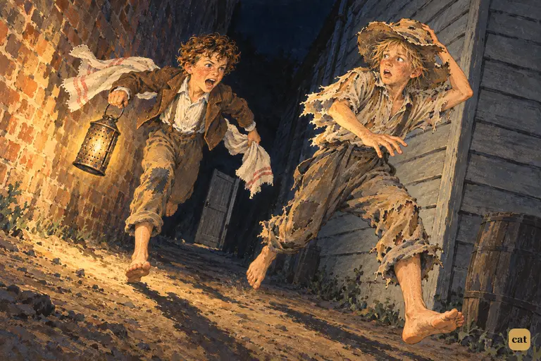 A lantern flash breaks the darkness of the alley as Tom tears out shouting "Run!