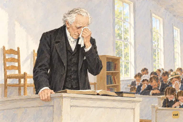 The old minister weeps behind the pulpit at the funeral sermon as the church sobs