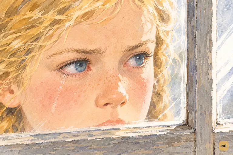 Becky stands outside the schoolhouse window.