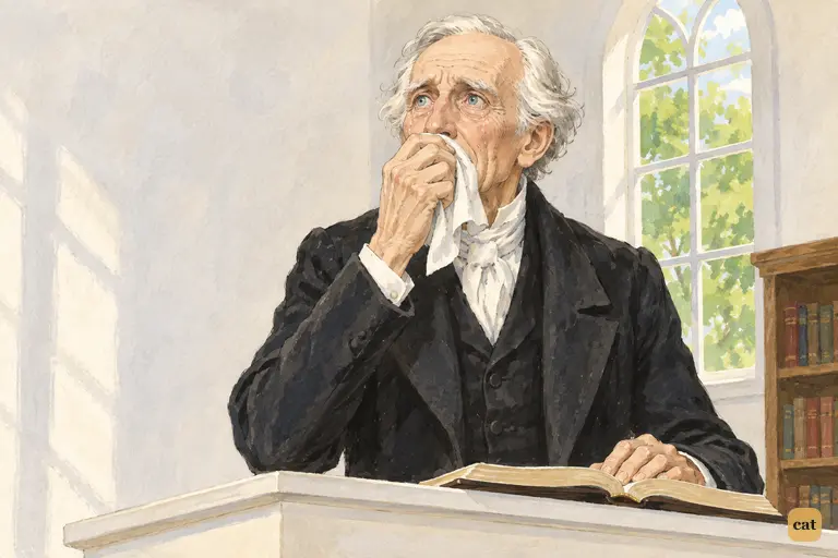 The weeping old minister lifts his eyes above his handkerchief and freezes