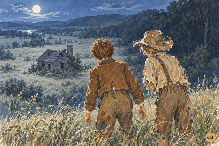 From the moonlit slope, Tom and Huck stare down at the haunted house in the valley