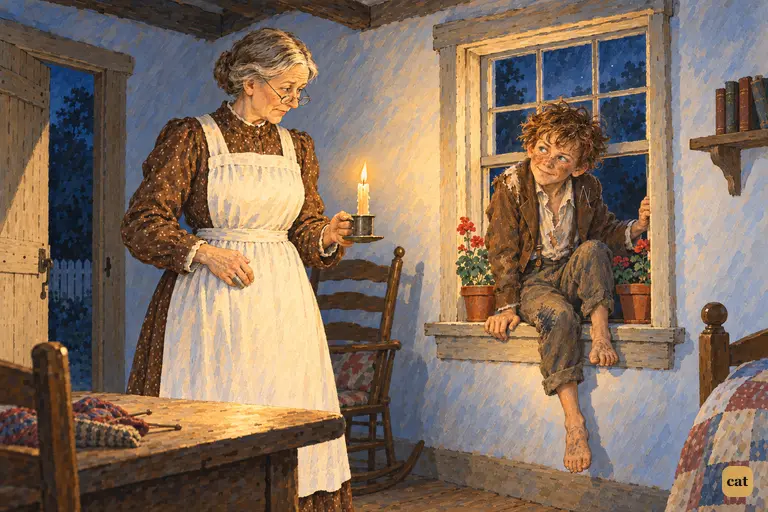 Tom comes home late and climbs in at the window, and finds his aunt waiting for him in the dark.