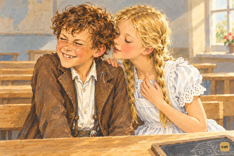 In the empty noon schoolroom, Tom turns his face away and squeezes his eyes shut.