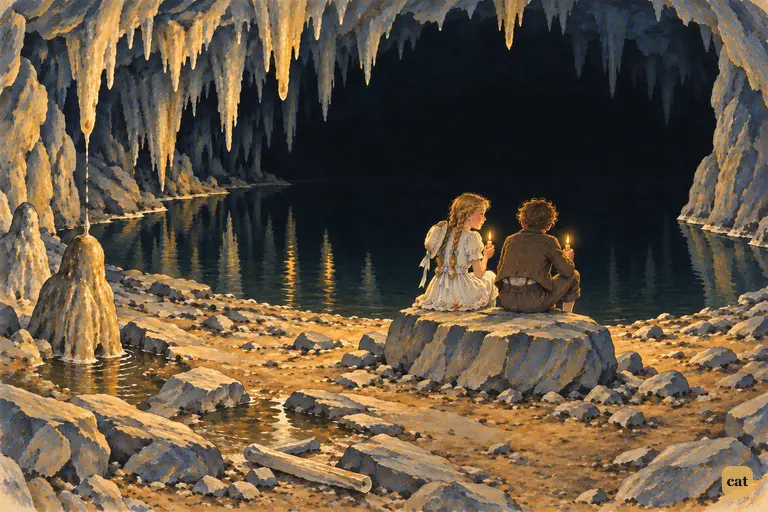 Tom and Becky rest on a low boulder at the edge of an endless underground lake.