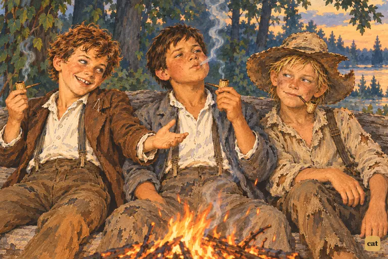 After supper by the campfire, the three pirates sit against the great log with their corncob pipes.