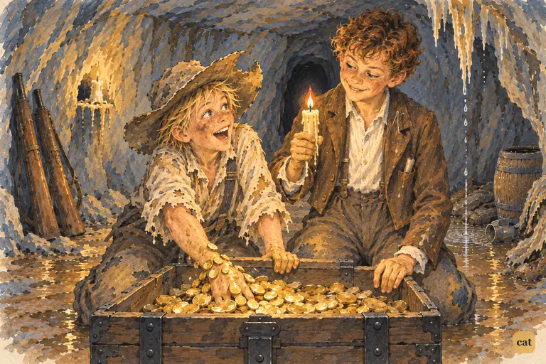 Deep in McDougal's cave, Huck plunges his hand into the gold as Tom holds up the candle