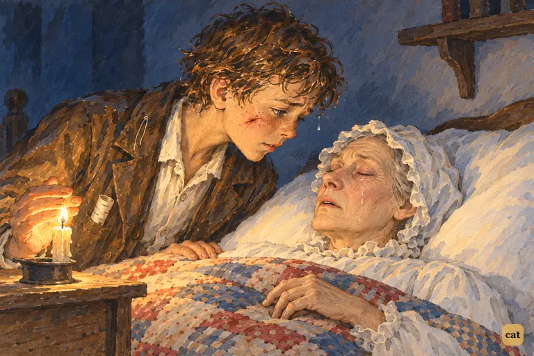 Tom, soaked from the river and believed drowned, kisses his sleeping Aunt Polly