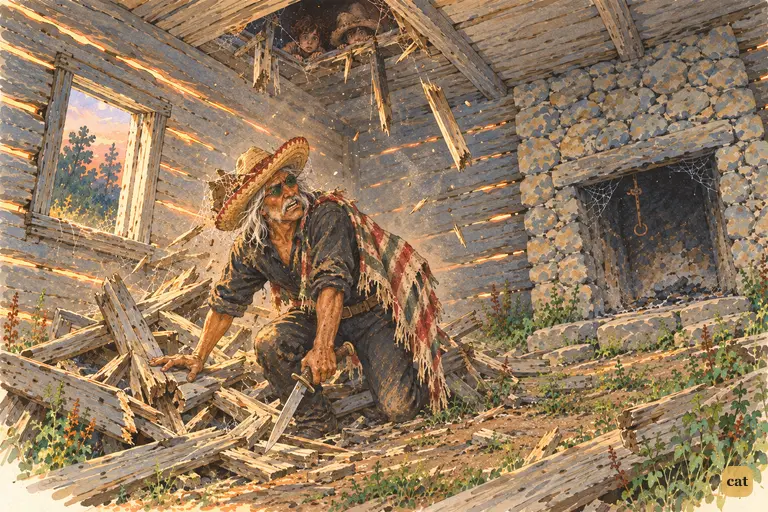 The rotten stairs collapse under Injun Joe, and he struggles up cursing from the timbers