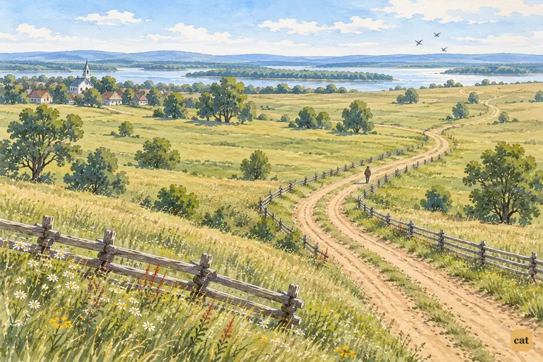 A long country lane winds from the village across summer meadows toward the river