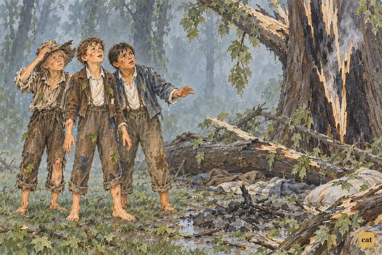 Three drenched boys find the great sycamore above their beds split by lightning