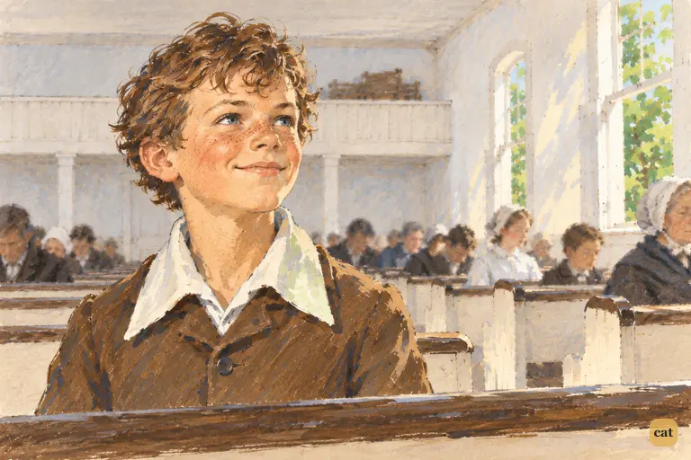 During the dull sermon, Tom's face lights up.