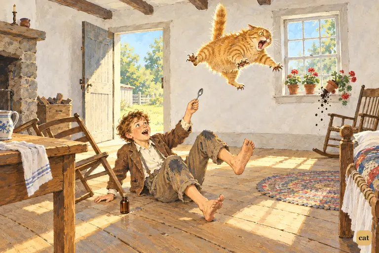 Peter hangs in the air, fur on end, letting out a war-whoop after his Pain-killer