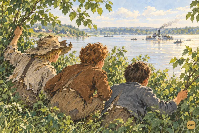 Hidden in the island bushes, the three pirates part the leaves to watch the river